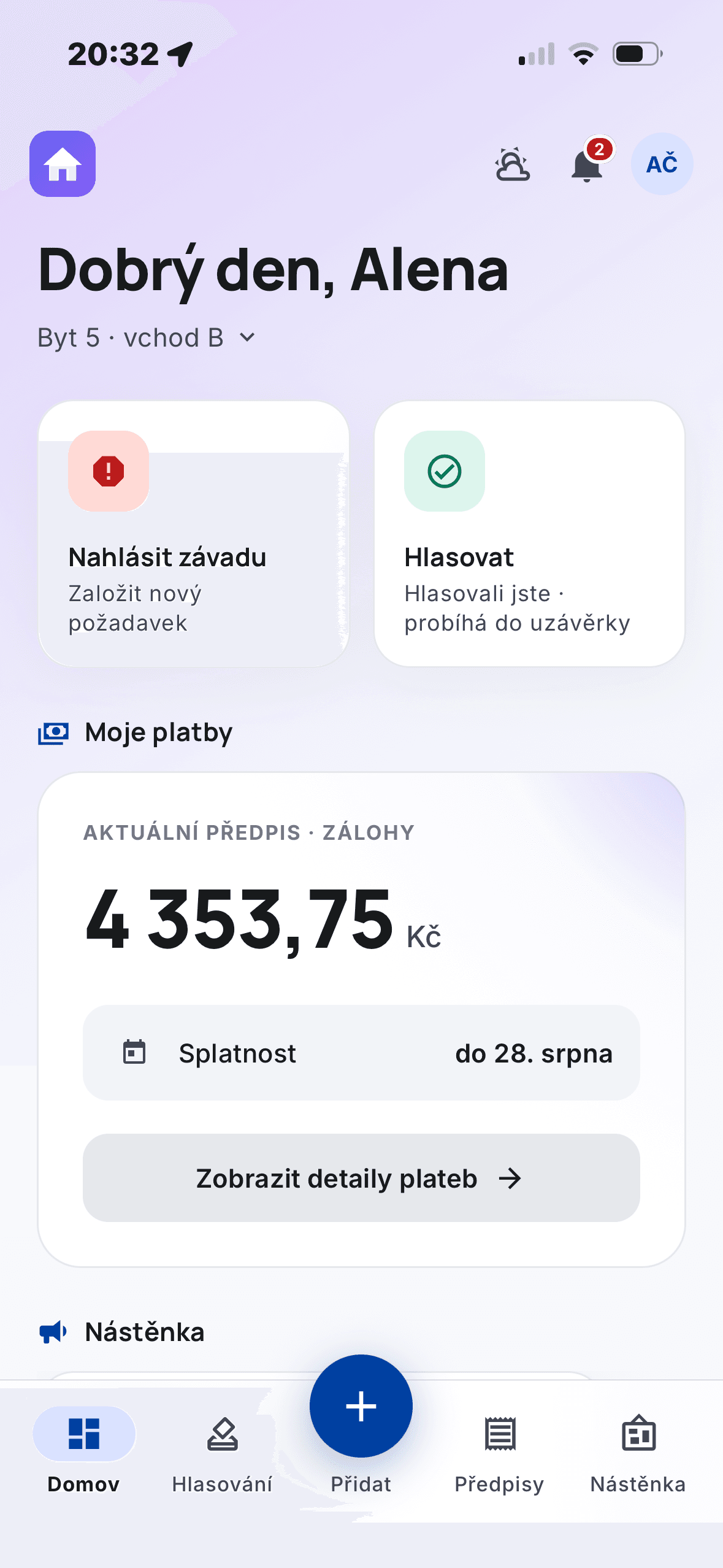 Mobilní aplikace: pozdrav vlastníkovi, nahlášení závady, hlasování a aktuální předpis záloh se splatností